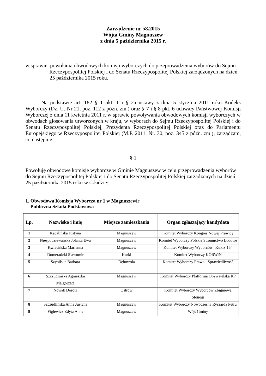 Zarządzenie Nr 58.2015 Wójta Gminy Magnuszew Z Dnia 5 Października 2015 R