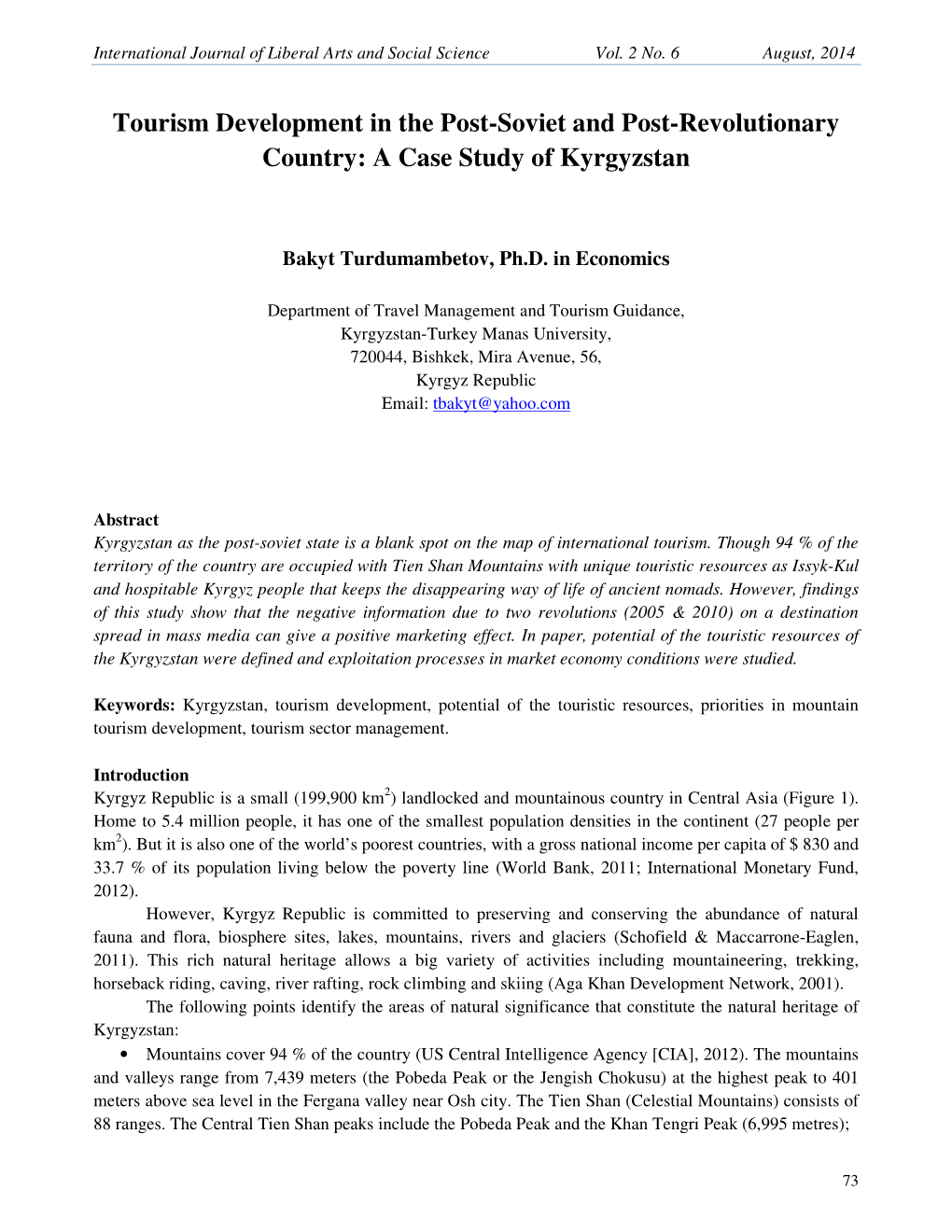 Tourism Development in the Post-Soviet and Post-Revolutionary Country: a Case Study of Kyrgyzstan