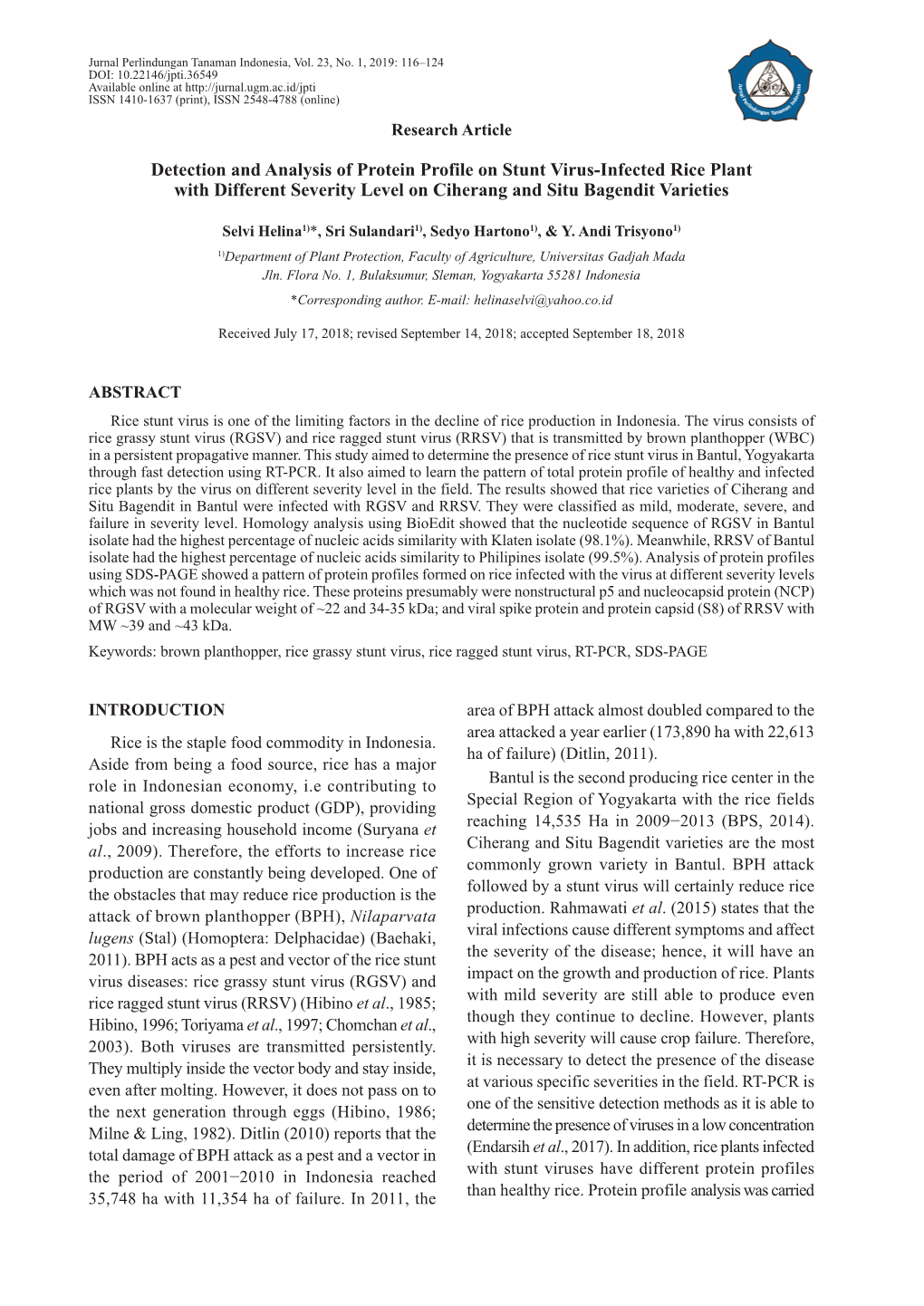 Detection and Analysis of Protein Profile on Stunt Virus-Infected Rice Plant with Different Severity Level on Ciherang and Situ Bagendit Varieties