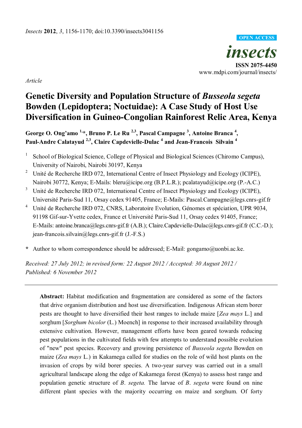 Genetic Diversity and Population Structure of Busseola Segeta Bowden (Lepidoptera; Noctuidae): a Case Study of Host Use Diversif