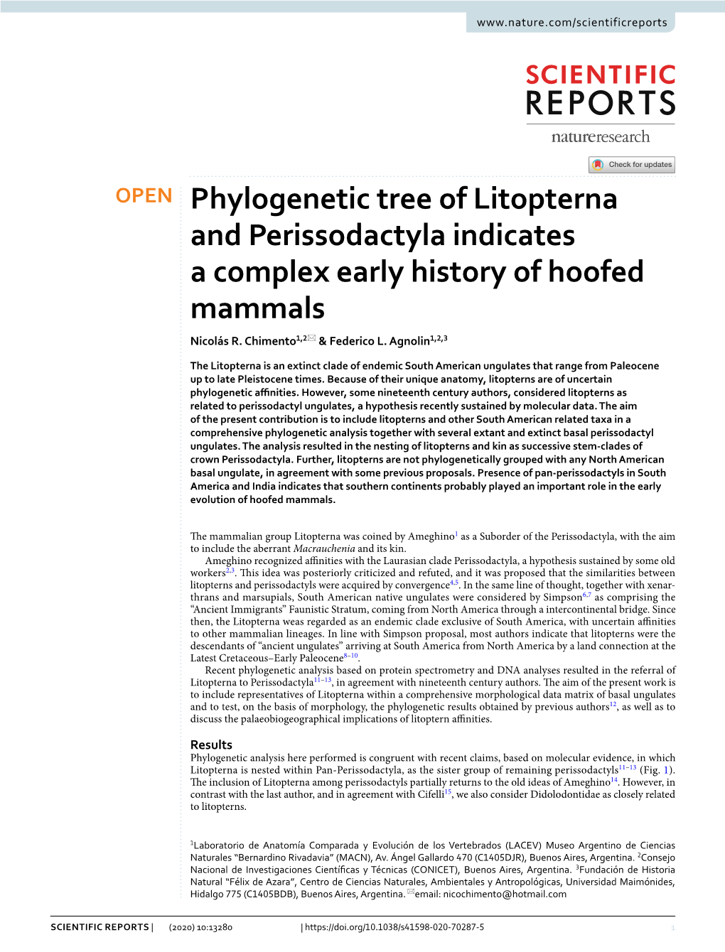 Phylogenetic Tree of Litopterna and Perissodactyla Indicates a Complex Early History of Hoofed Mammals Nicolás R