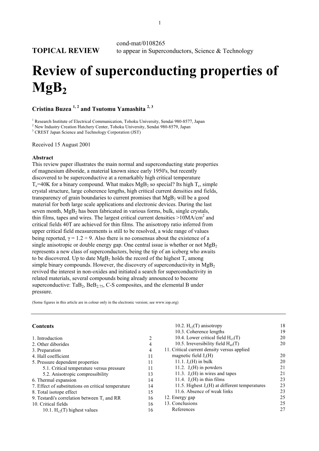 Review of Superconducting Properties of Mgb2