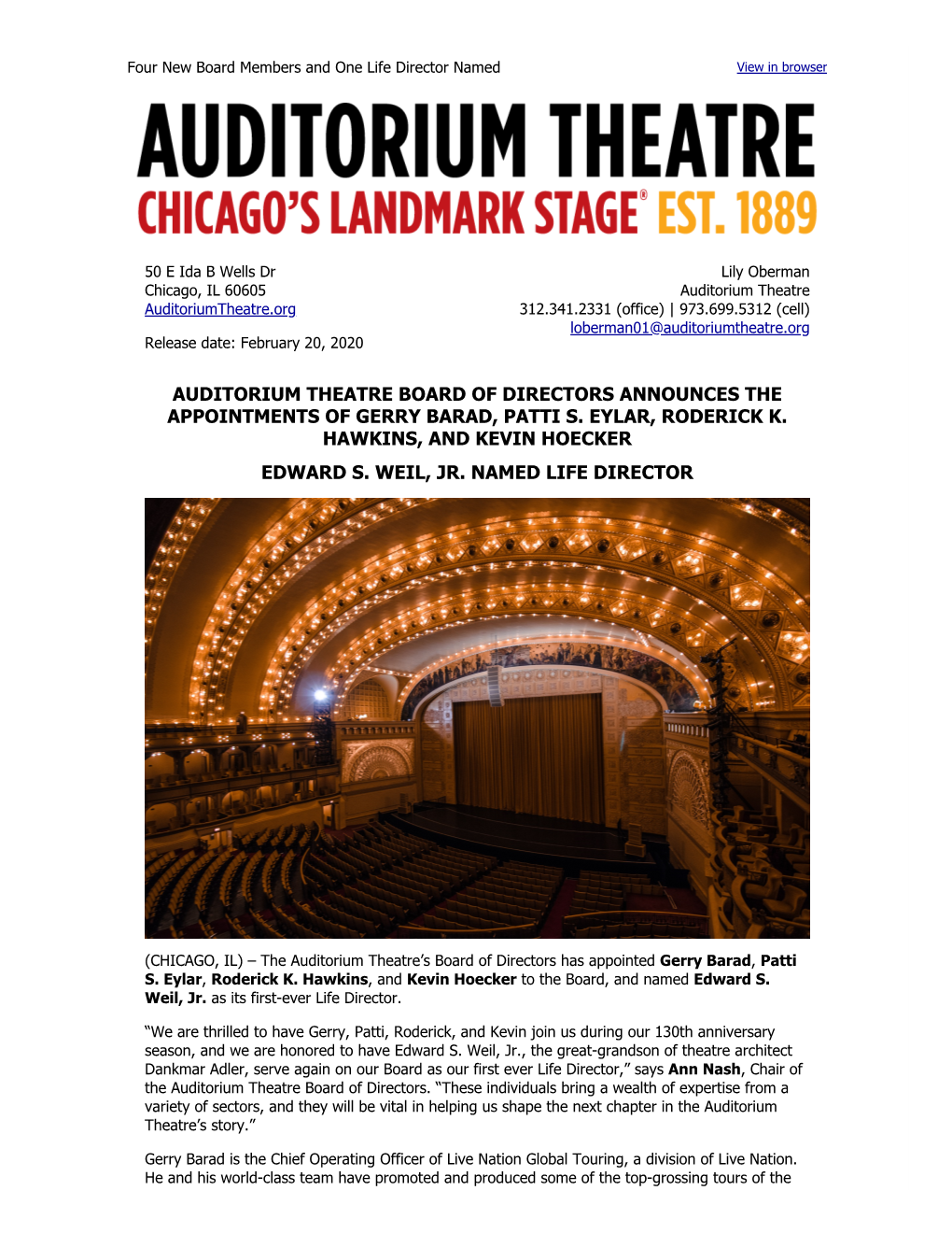 Auditorium Theatre Board of Directors Appoints New Members