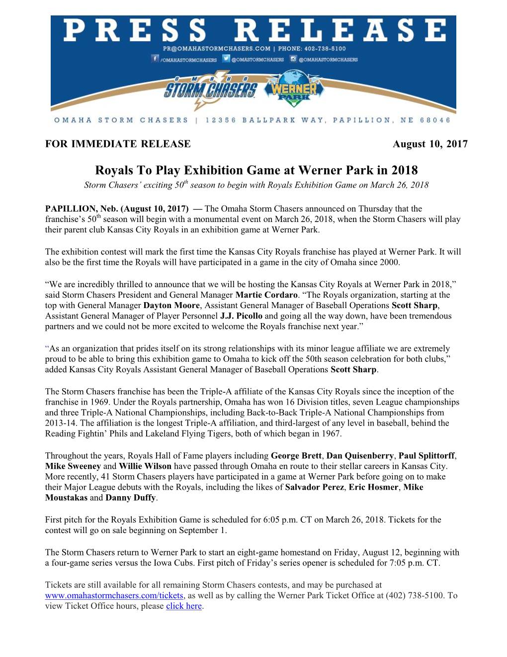 Royals to Play Exhibition Game at Werner Park in 2018 Storm Chasers’ Exciting 50Th Season to Begin with Royals Exhibition Game on March 26, 2018