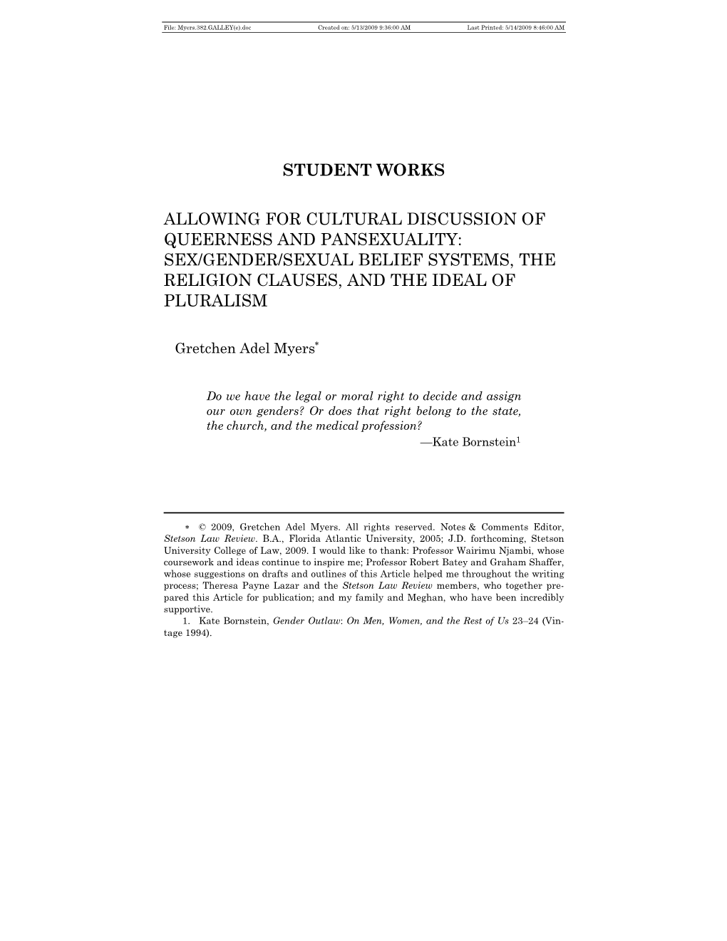 Allowing for Cultural Discussion of Queerness and Pansexuality: Sex/Gender/Sexual Belief Systems, the Religion Clauses, and the Ideal of Pluralism