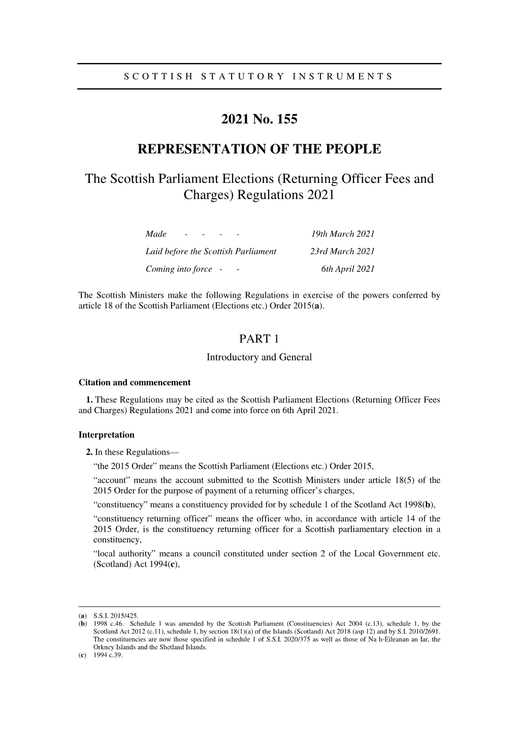 The Scottish Parliament Elections (Returning Officer Fees and Charges) Regulations 2021