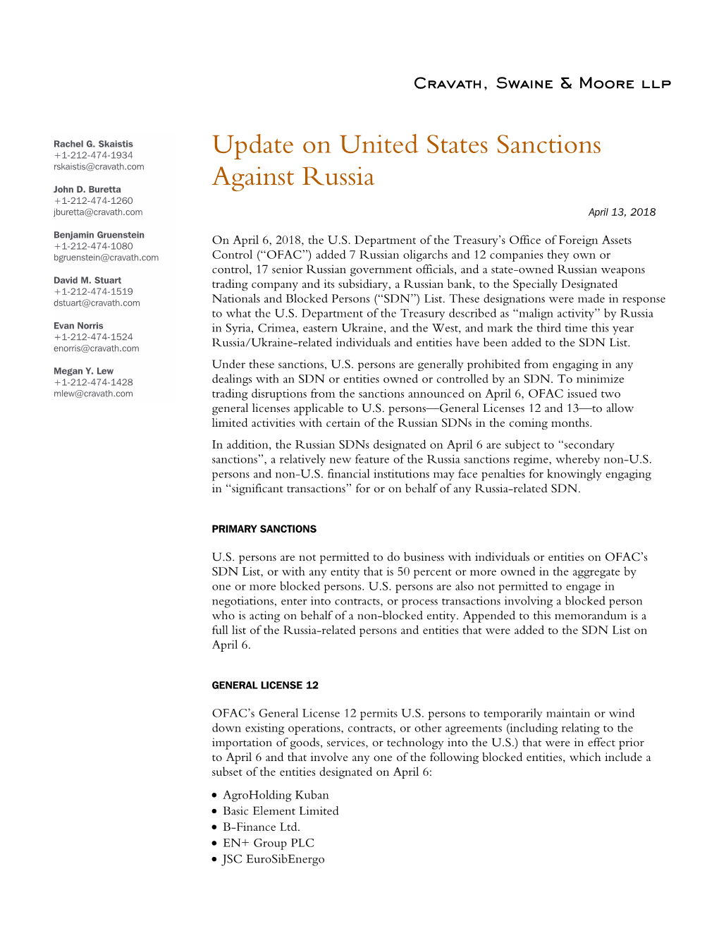 Update on United States Sanctions Against Russia