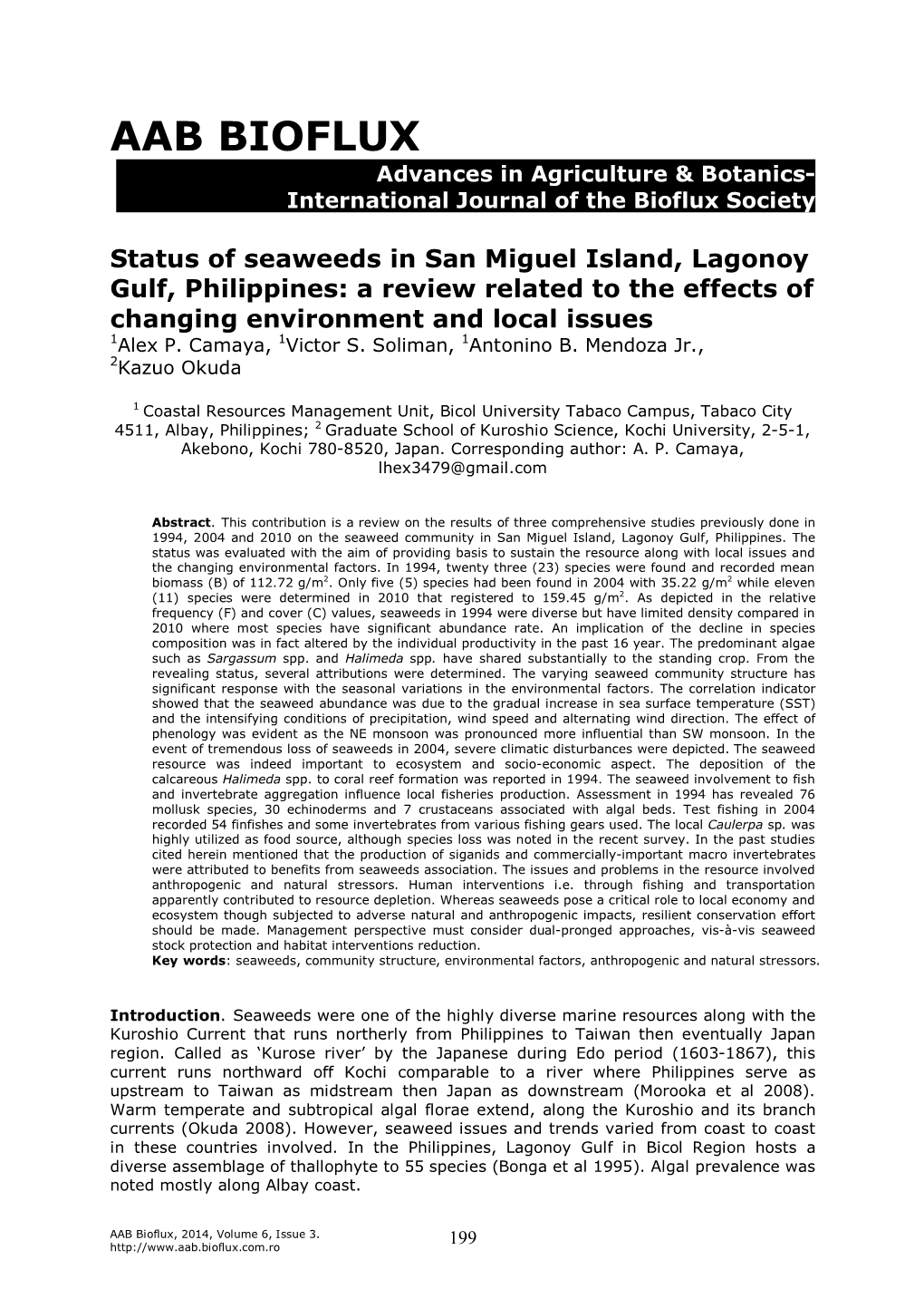 Status of Seaweeds in San Miguel Island, Lagonoy Gulf, Philippines: a Review Related to the Effects of Changing Environment and Local Issues 1Alex P