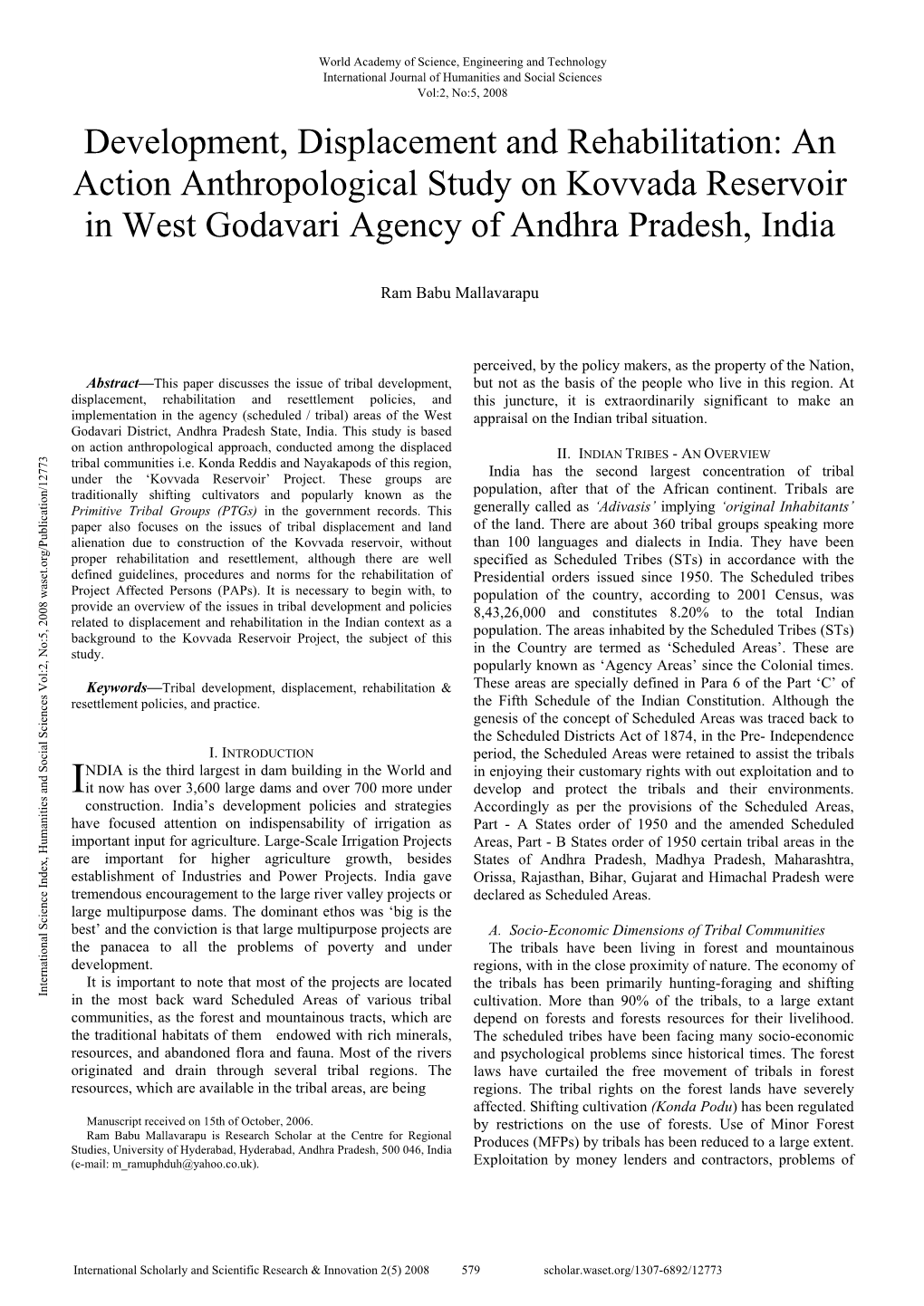 Development, Displacement and Rehabilitation: an Action Anthropological Study on Kovvada Reservoir in West Godavari Agency of Andhra Pradesh, India