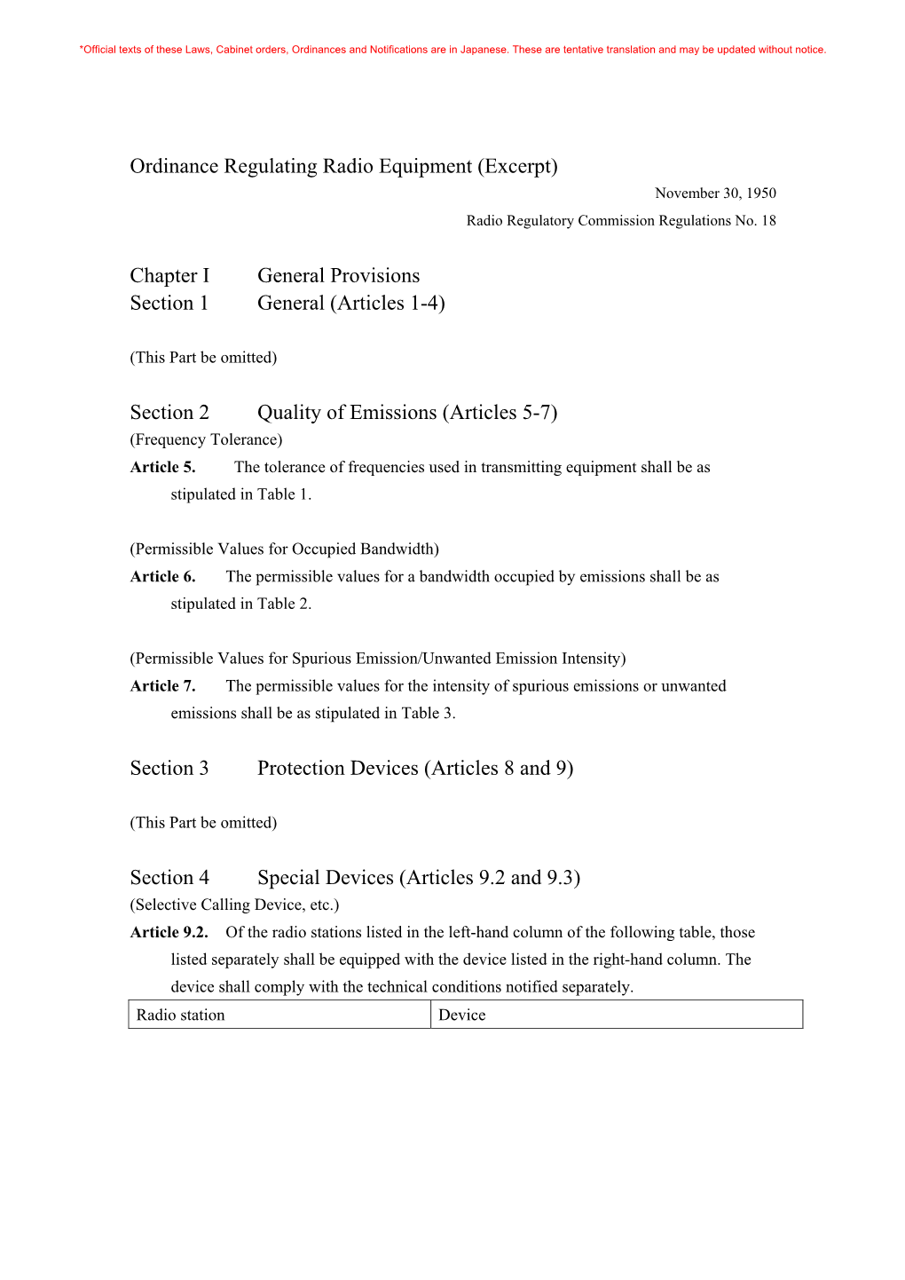 Ordinance Regulating Radio Equipment (Excerpt) November 30, 1950 Radio Regulatory Commission Regulations No