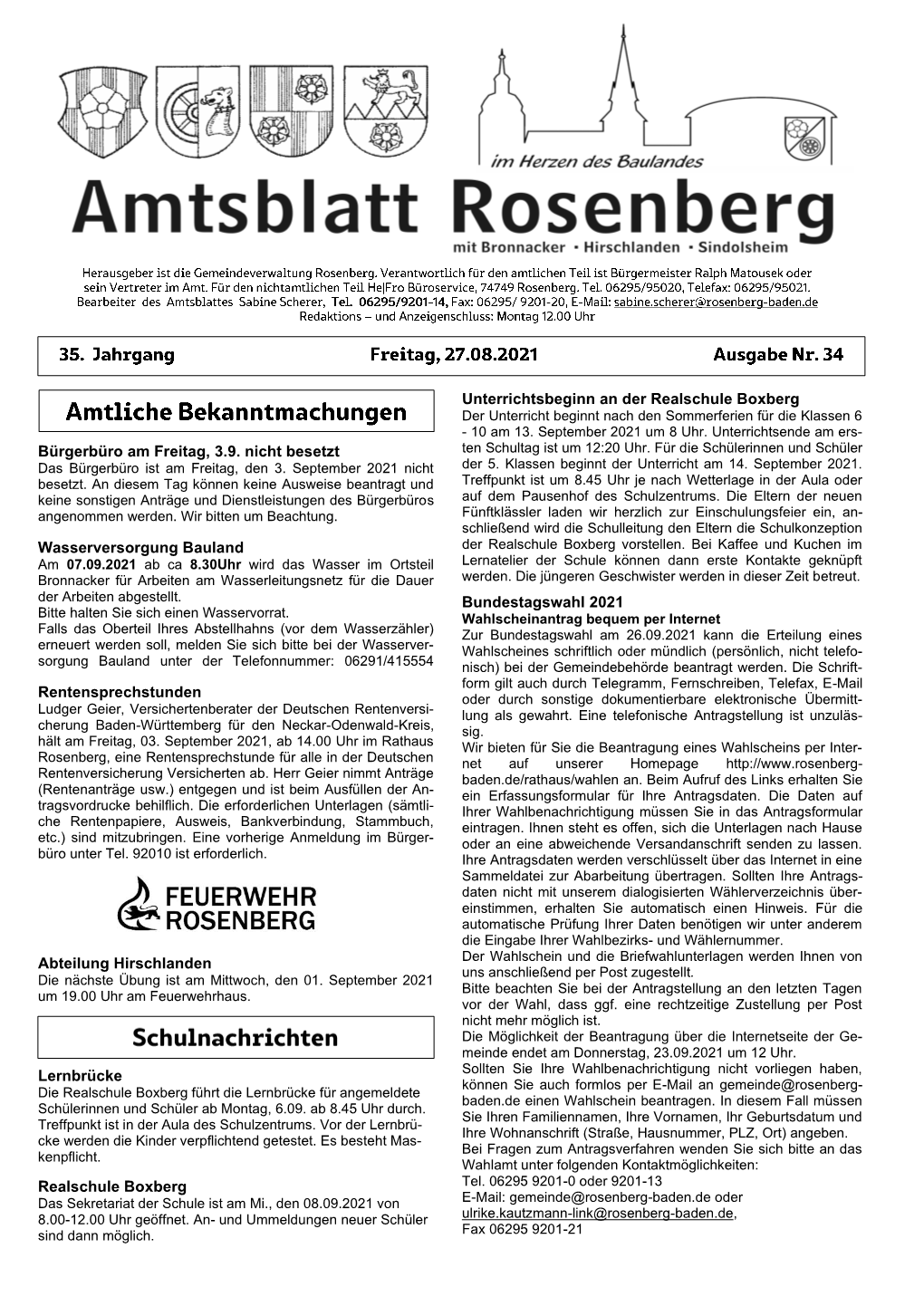 Amtsblatt Rosenberg 27.08.2021 Wasserversorgung Bauland Am
