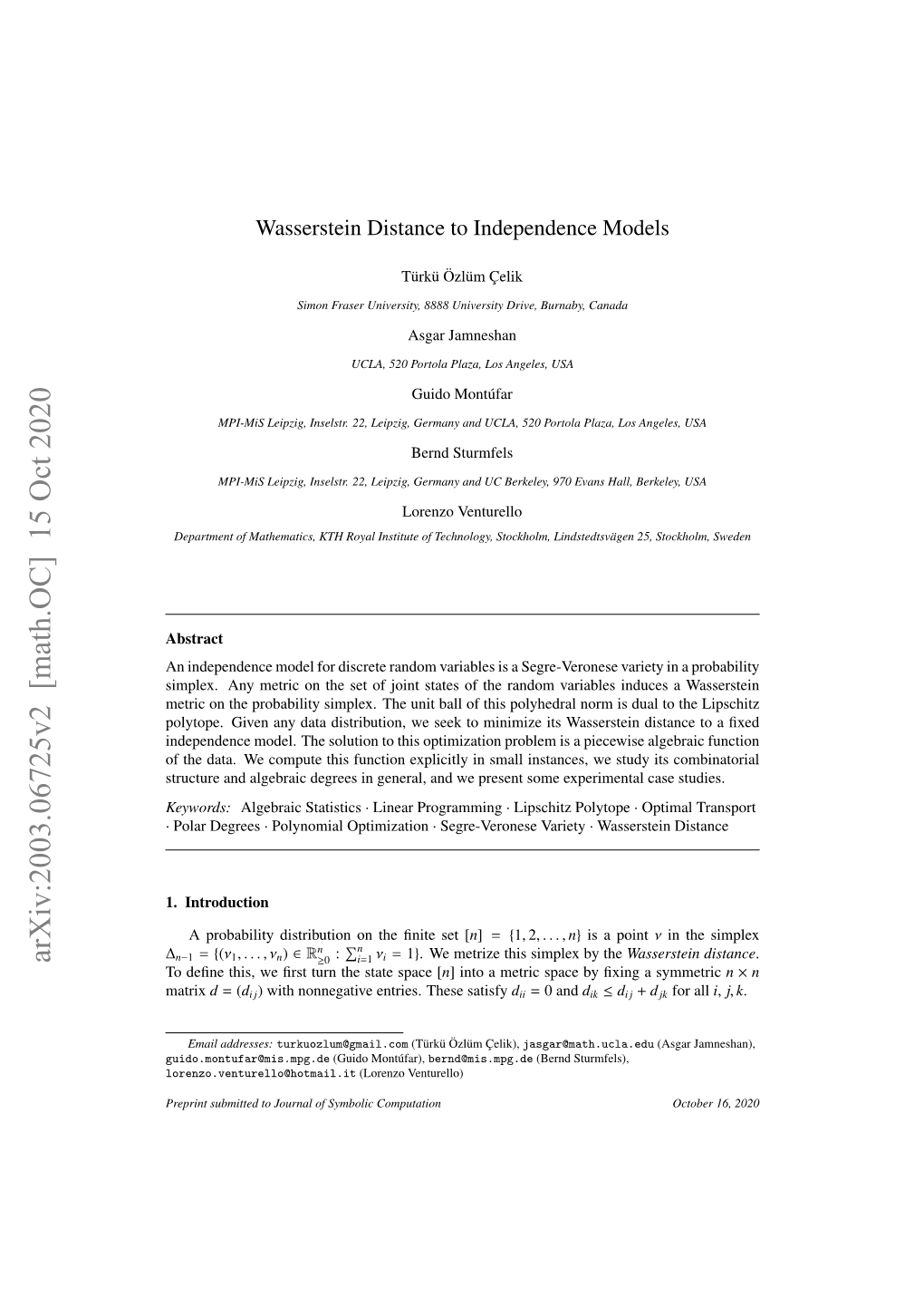 Arxiv:2003.06725V2 [Math.OC] 15 Oct 2020