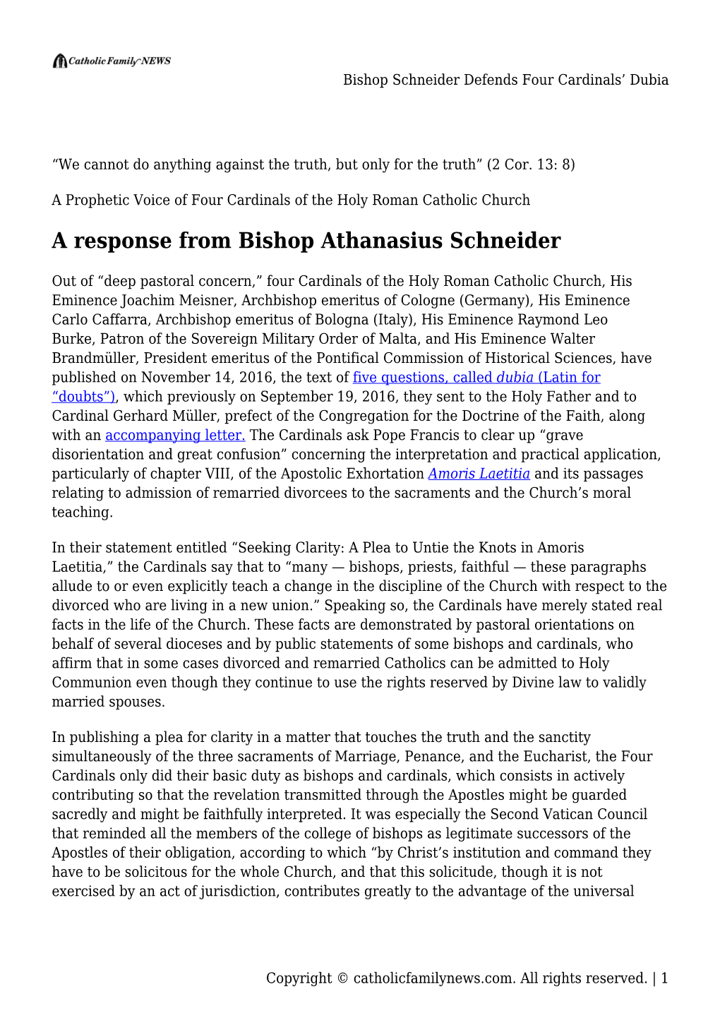 Bishop Schneider Defends Four Cardinals&#8217; Dubia