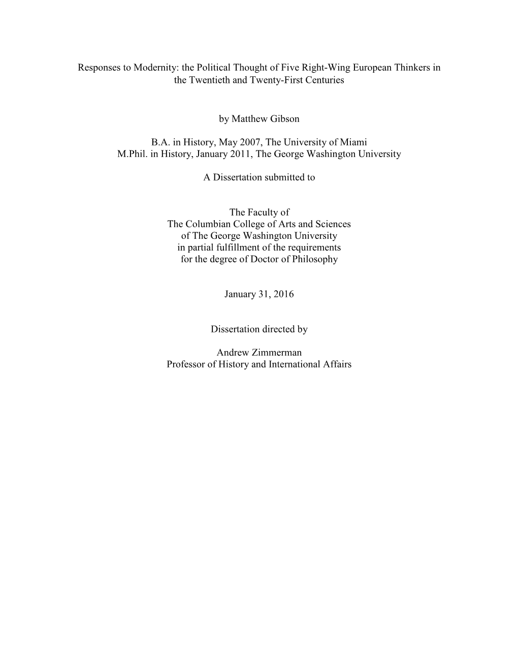 Responses to Modernity: the Political Thought of Five Right-Wing European Thinkers in the Twentieth and Twenty-First Centuries