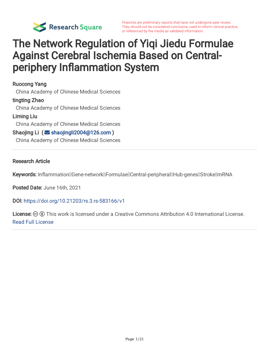 The Network Regulation of Yiqi Jiedu Formulae Against Cerebral Ischemia Based on Central- Periphery Infammation System