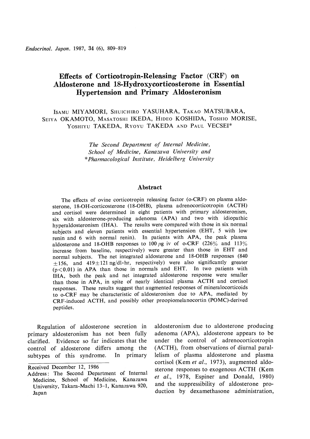 Effects of Corticotropin-Releasing Factor(CRF) on Aldosterone and 18-Hydroxycorticosterone in Essential Hypertension and Primary Aldosteronism