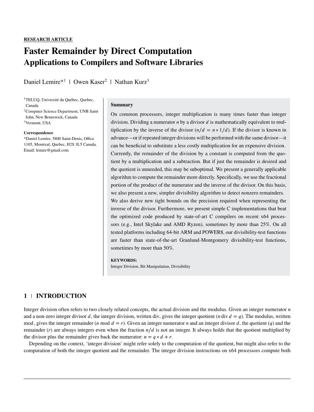 Faster Remainder by Direct Computation Applications to Compilers and Software Libraries