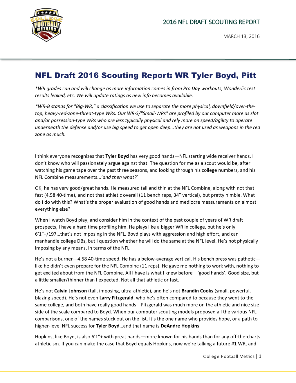 NFL Draft 2016 Scouting Report: WR Tyler Boyd, Pitt