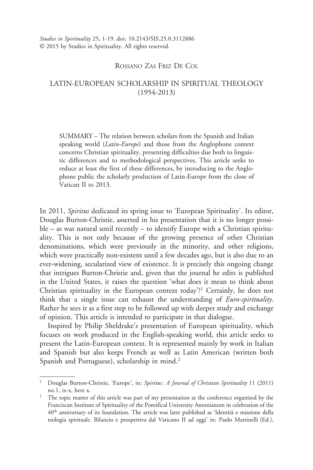 Latin-European Scholarship in Spiritual Theology (1954-2013) In