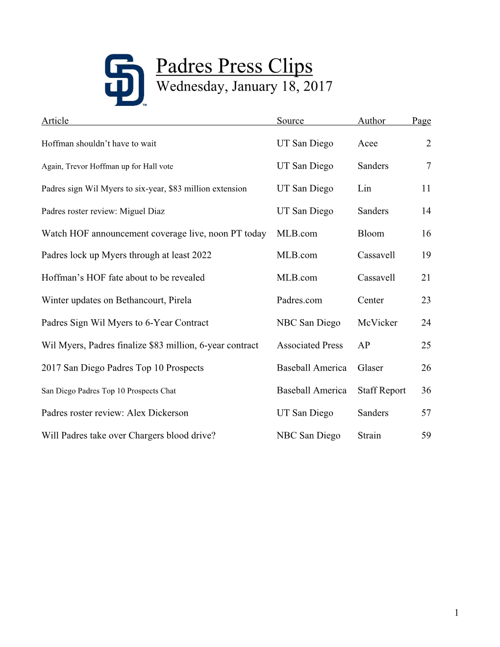 Padres Press Clips Wednesday, January 18, 2017