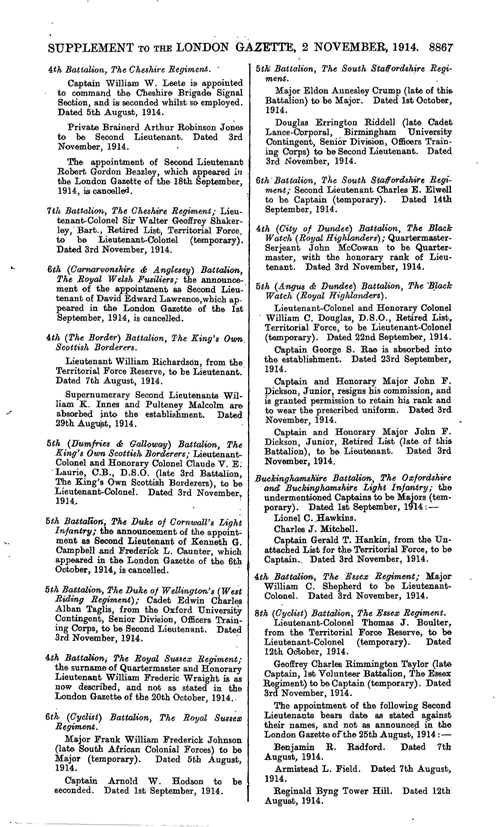 SUPPLEMENT to the LONDON GAZETTE, 2 NOVEMBER, 1914. 8867 4Th Battalion, the Cheshire Regiment