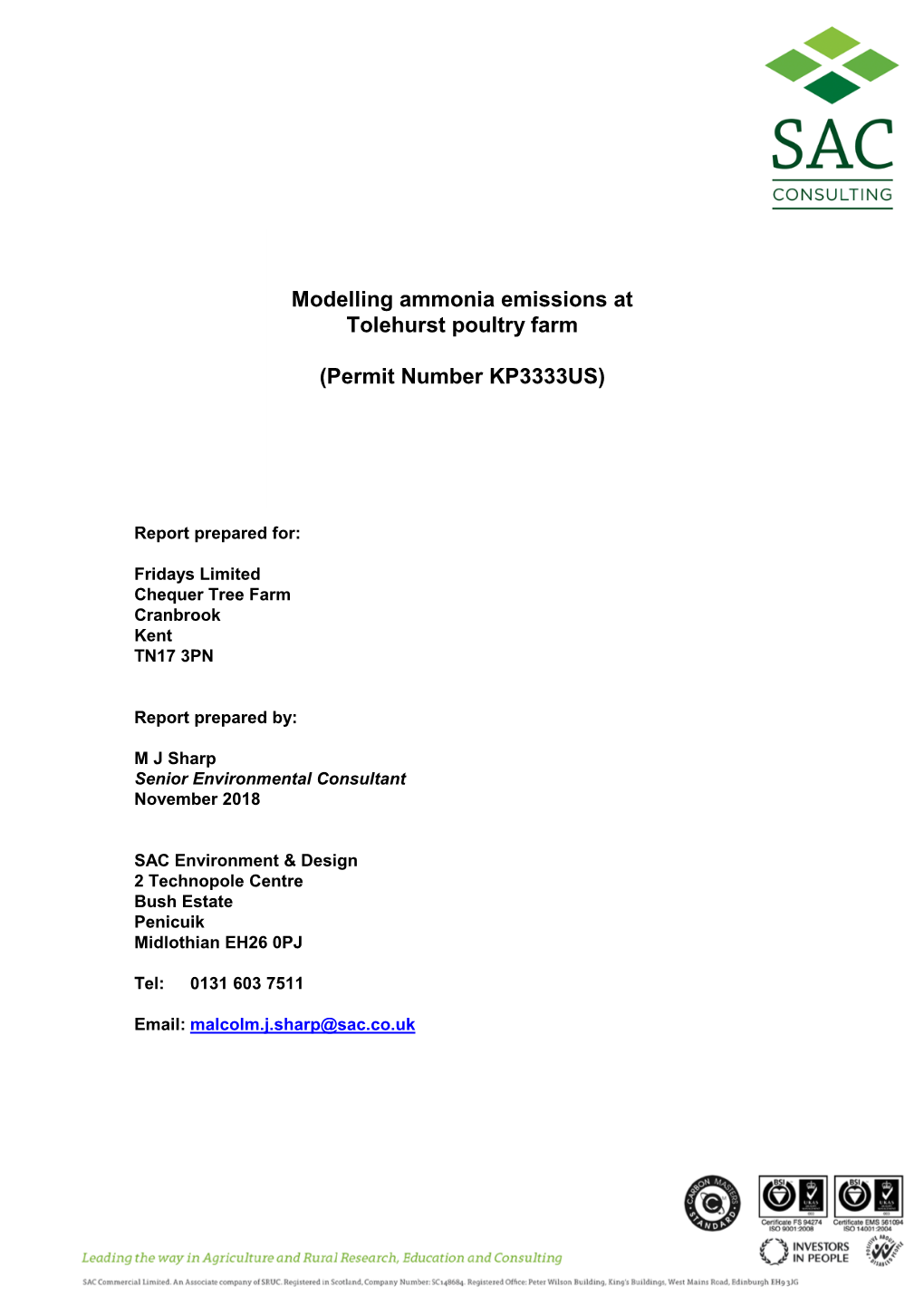 Ammonia Modelling Report for the Existing Permit in 2013