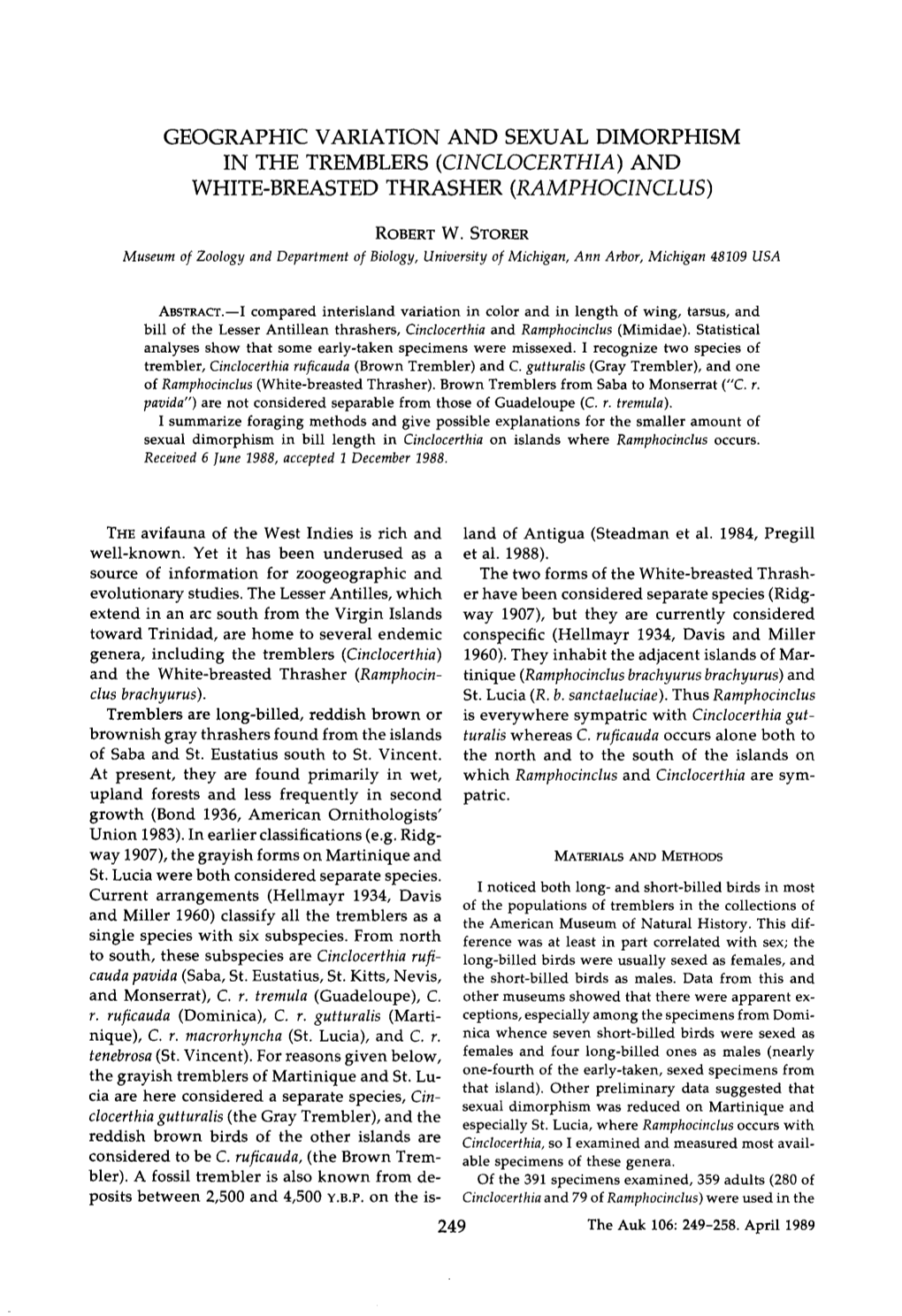 Geographic Variation and Sexual Dimorphism in the Tremblers (Cinclocerthia) and White-Breasted Thrasher (Ramphocinclus)