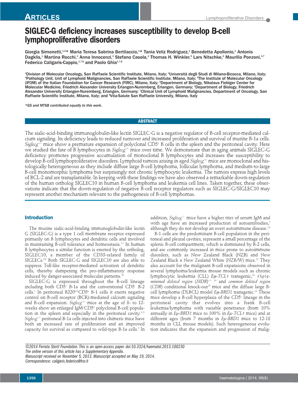 SIGLEC-G Deficiency Increases Susceptibility to Develop B-Cell Lymphoproliferative Disorders