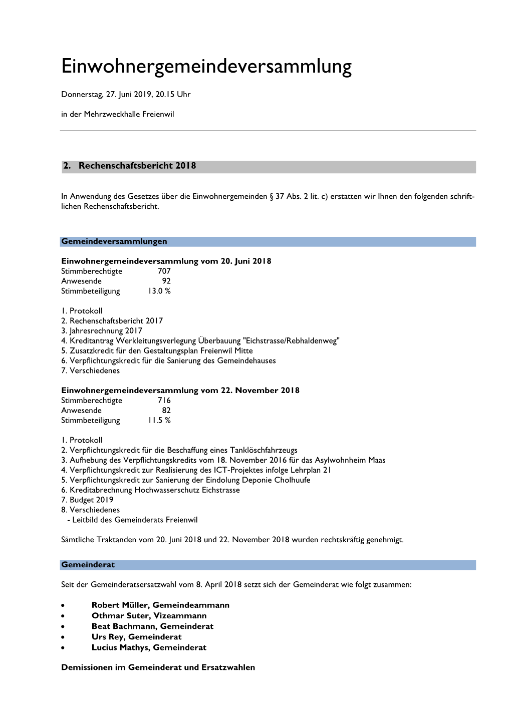 Rechenschaftsbericht 2018 Einwohnergemeinde