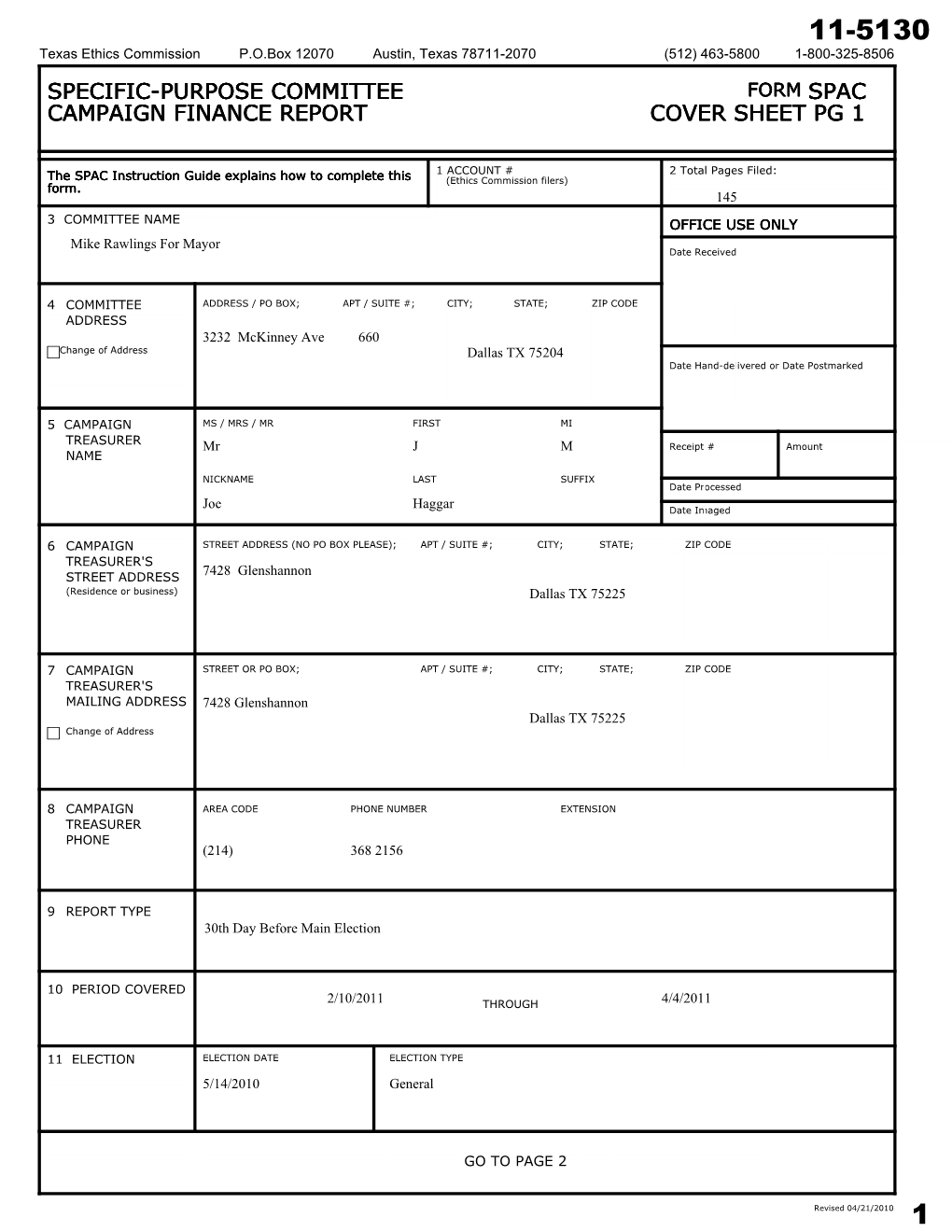 Specific-Purpose Committee Campaign Finance Report