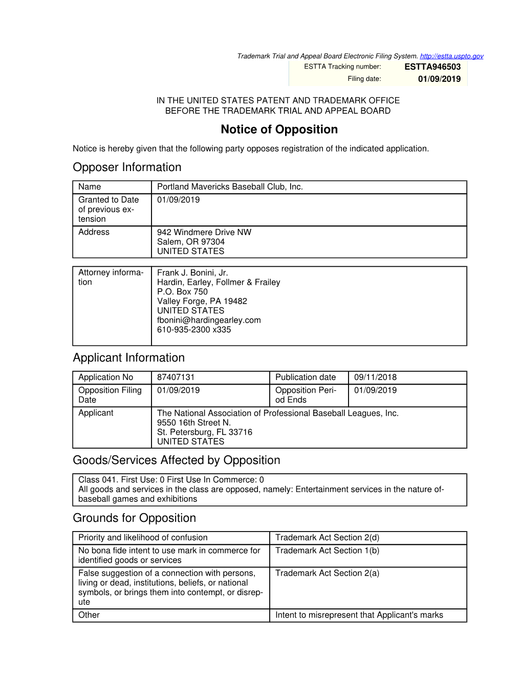 Notice of Opposition Opposer Information Applicant Information