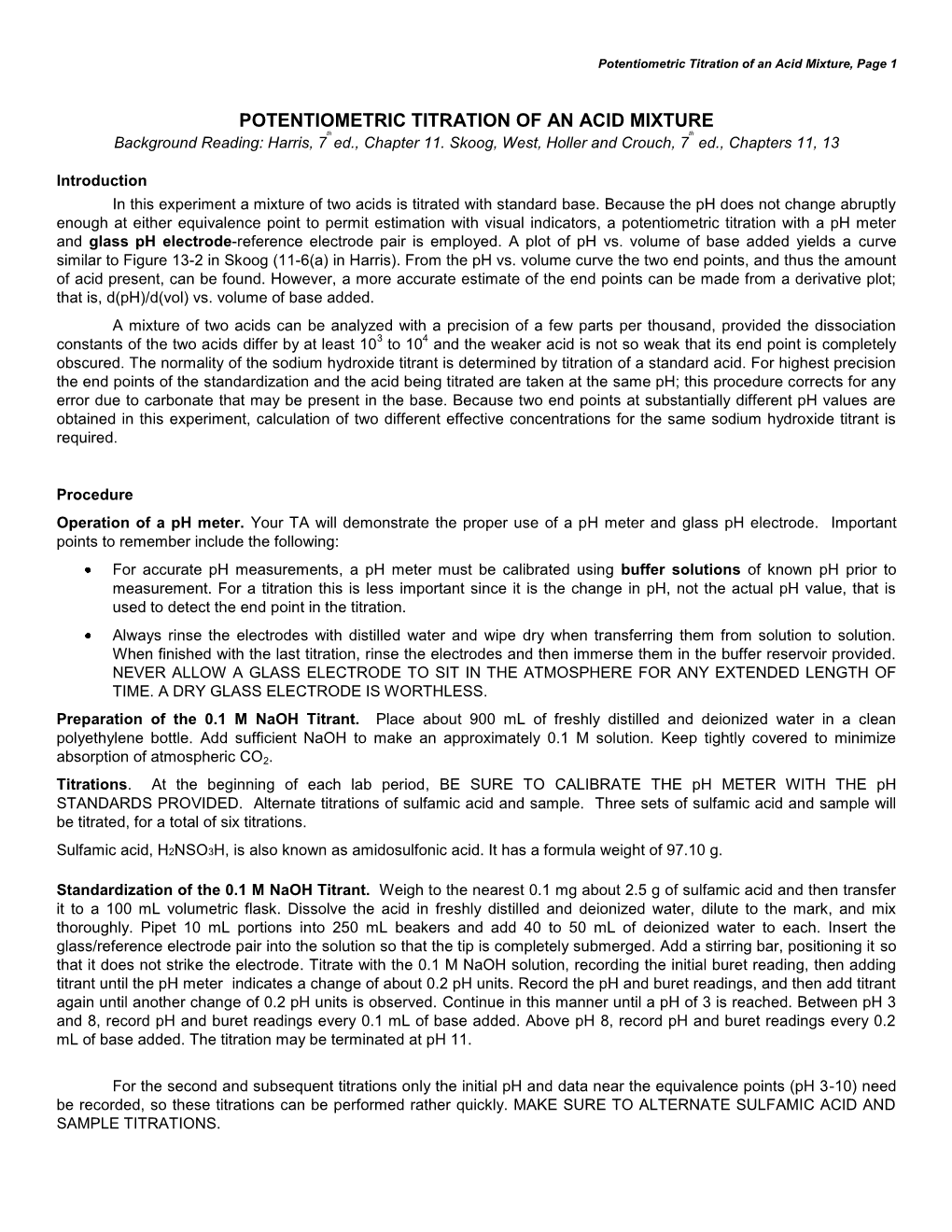 Potentiometric Titration of an Acid Mixture, Page 1