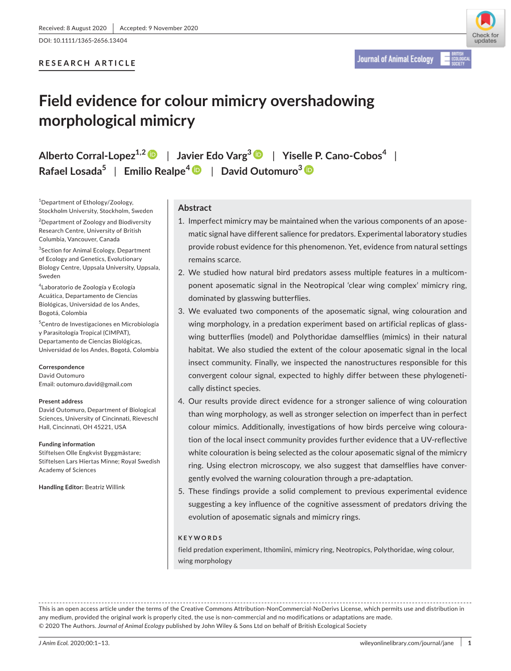 Field Evidence for Colour Mimicry Overshadowing Morphological Mimicry