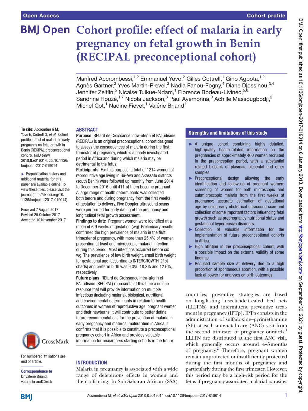 Effect of Malaria in Early Pregnancy on Fetal Growth in Benin (RECIPAL Preconceptional Cohort)