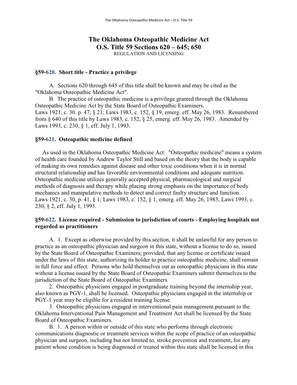 The Oklahoma Osteopathic Medicine Act OS Title 59