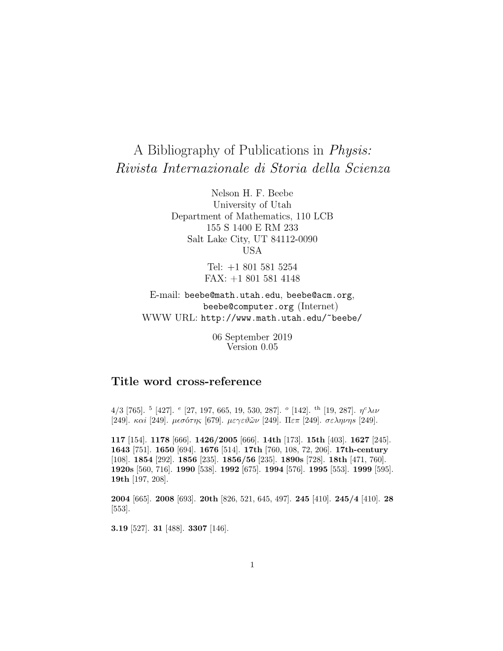 A Bibliography of Publications in Physis: Rivista Internazionale Di Storia Della Scienza