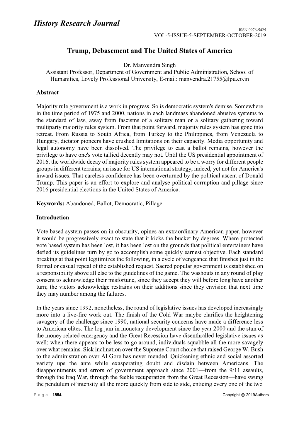 History Research Journal ISSN:0976-5425 VOL-5-ISSUE-5-SEPTEMBER-OCTOBER-2019