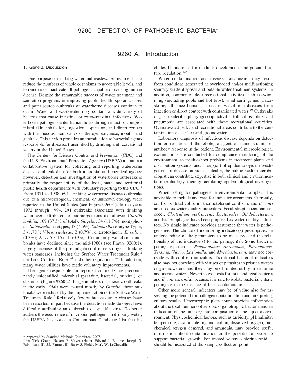 9260 DETECTION of PATHOGENIC BACTERIA* 9260 A. Introduction