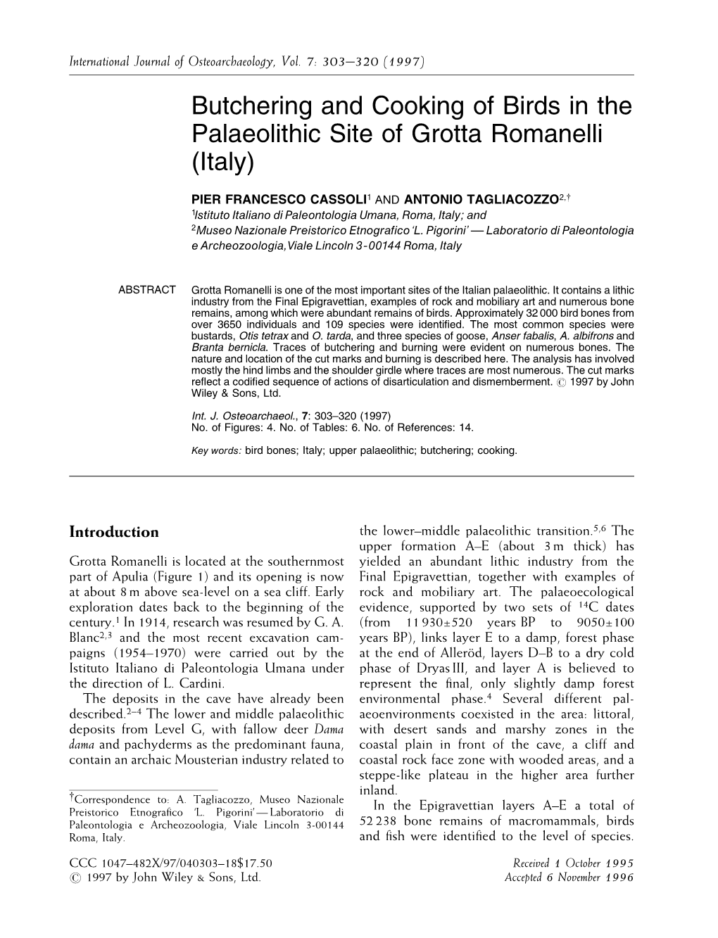 Butchering and Cooking of Birds in the Palaeolithic Site of Grotta Romanelli (Italy)