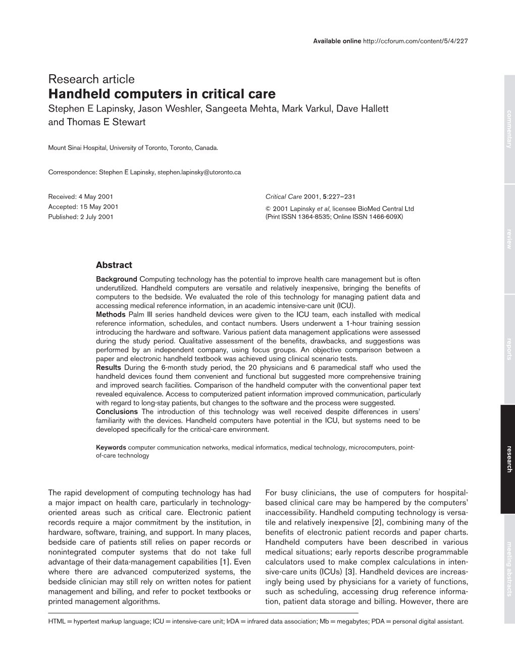 Research Article Research Critical Care August 2001 Vol 5 No 4 Lapinsky Et Al