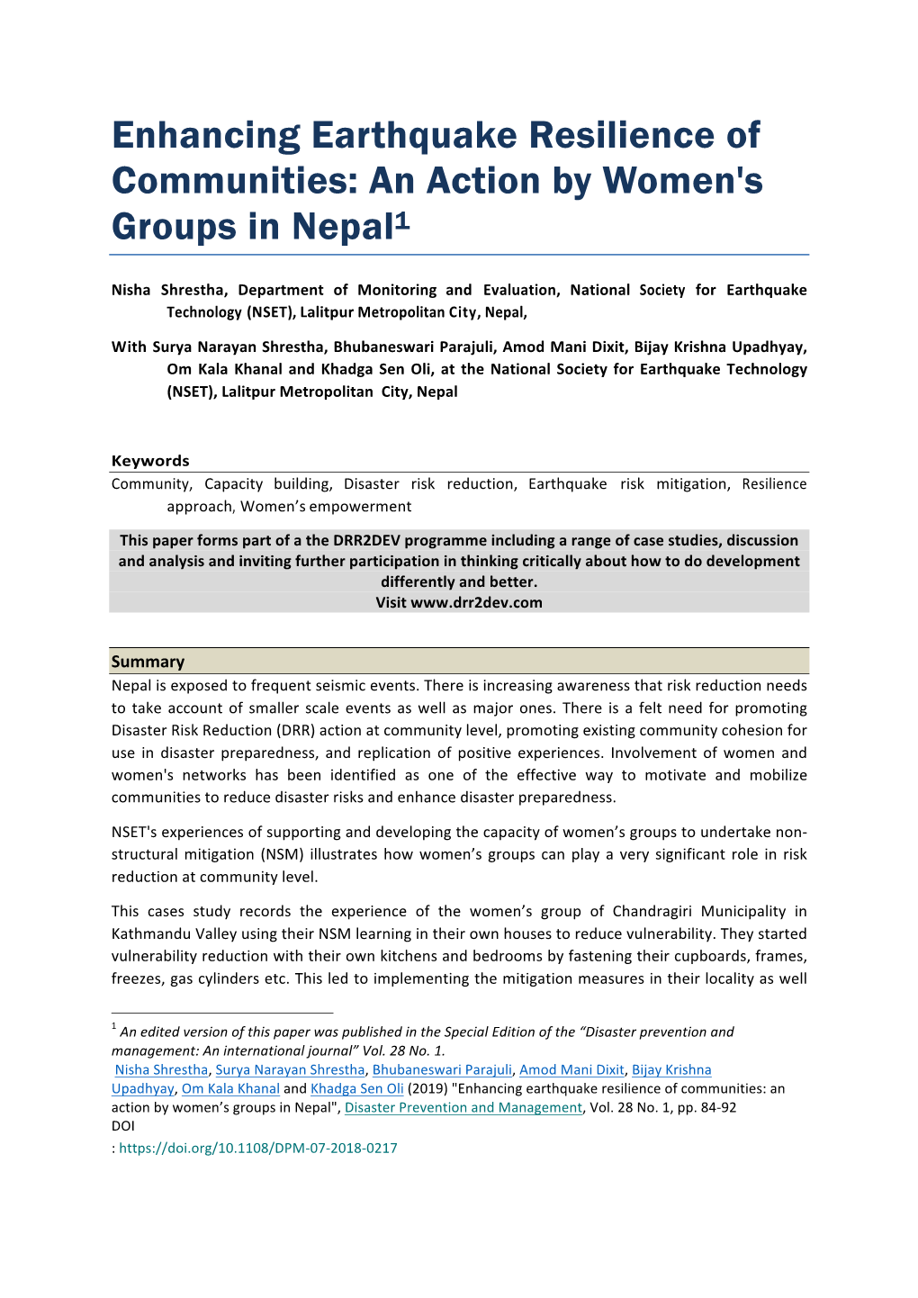 Enhancing Earthquake Resilience of Communities: an Action by Women's Groups in Nepal1