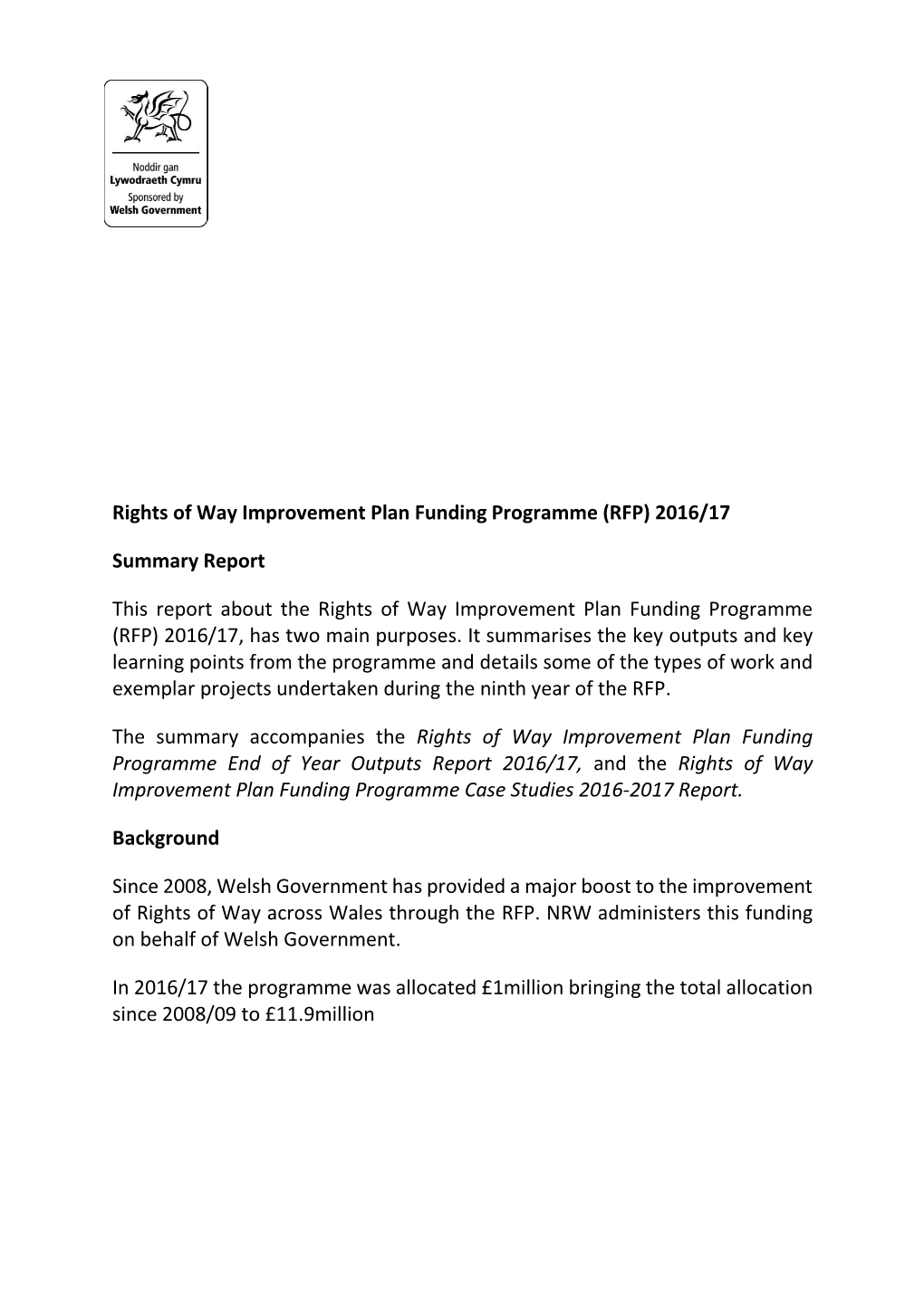 Rights of Way Improvement Plan Funding Programme (RFP) 2016/17