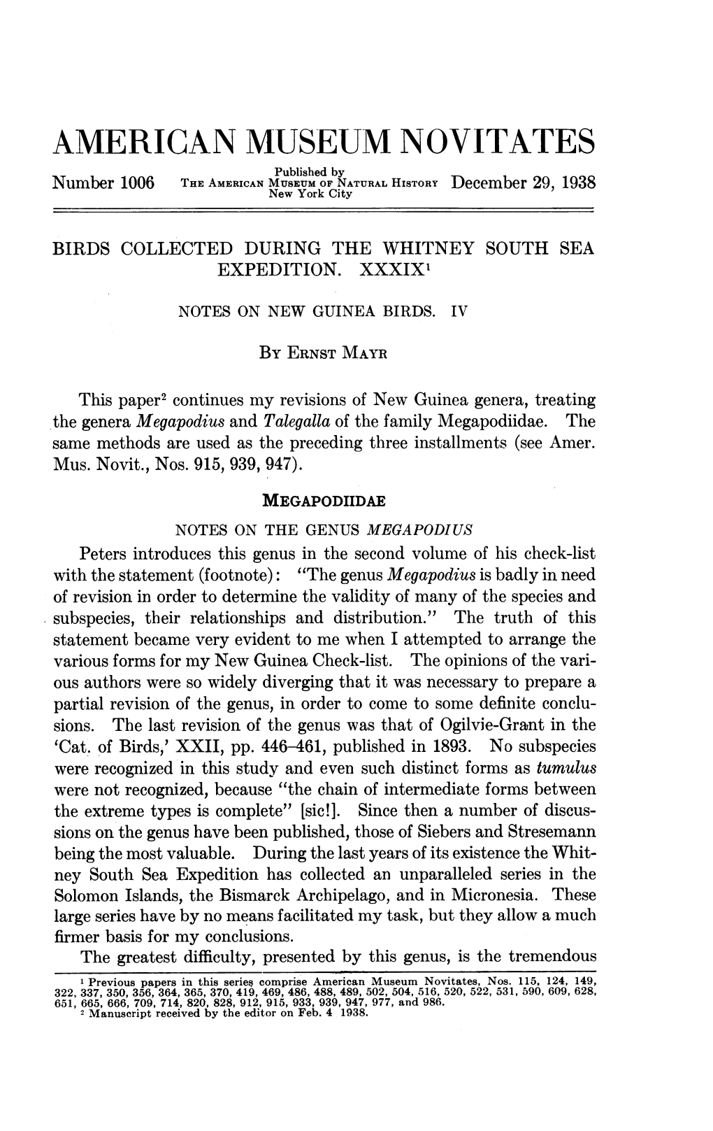 AMERICAN M:USEUM NOVITATES Published by Number 1006 the American MUSECUM of NATURAL HISTORY December 1938 New York City 29