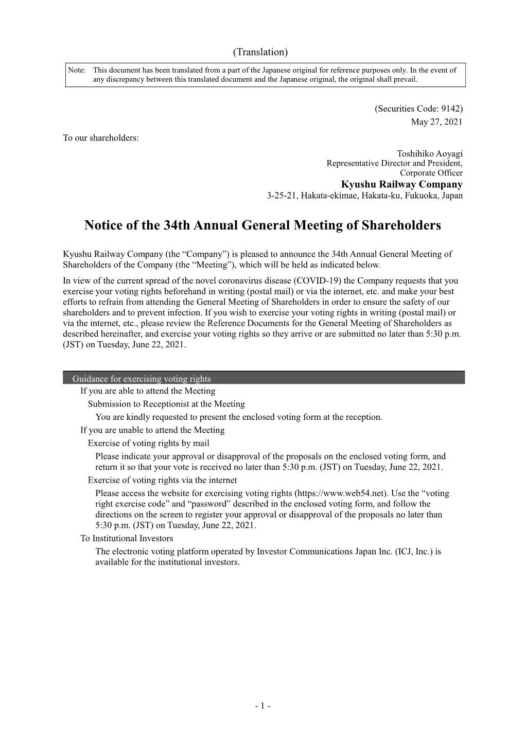 Notice of the 34Th Annual General Meeting of Shareholders