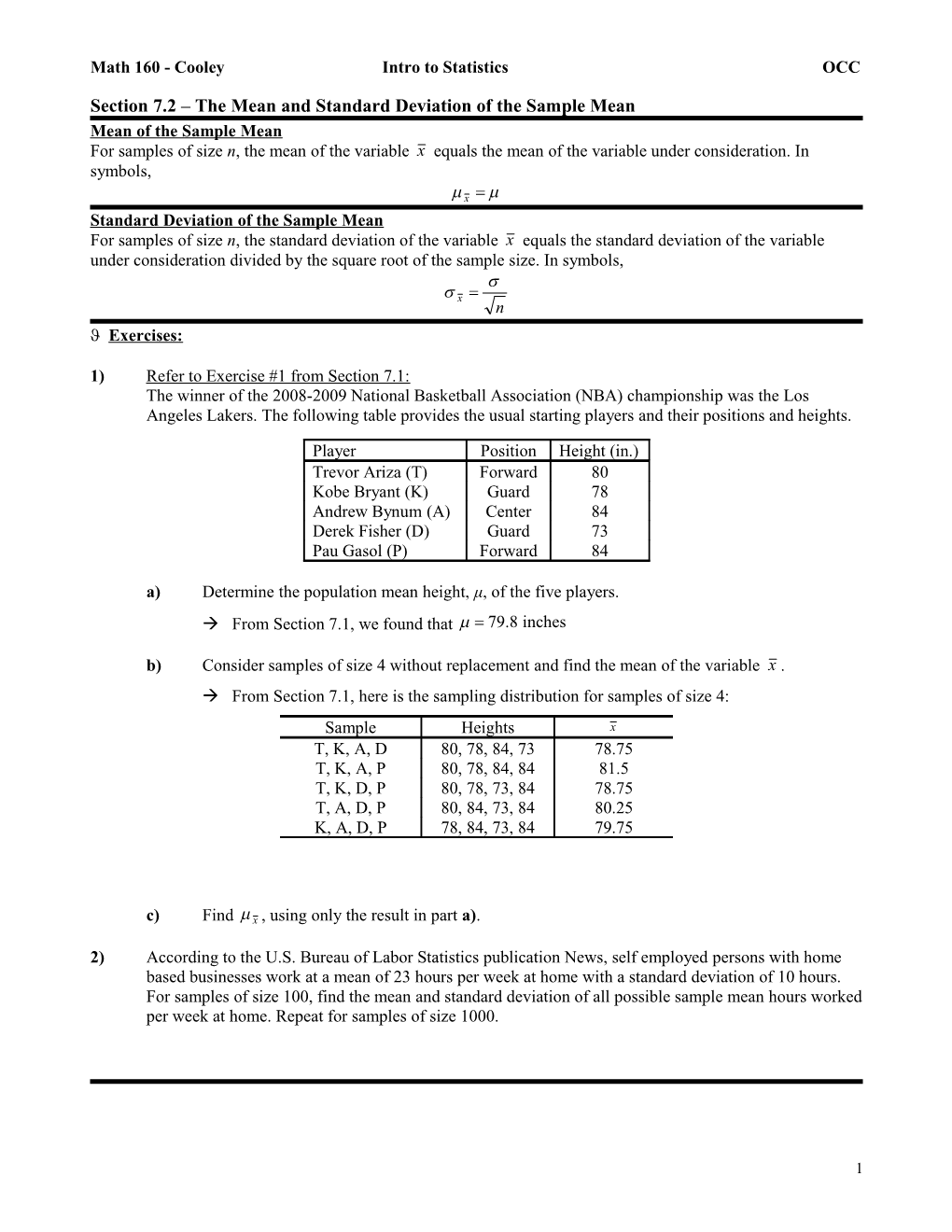 Math 160 - Cooley Intro to Statistics OCC