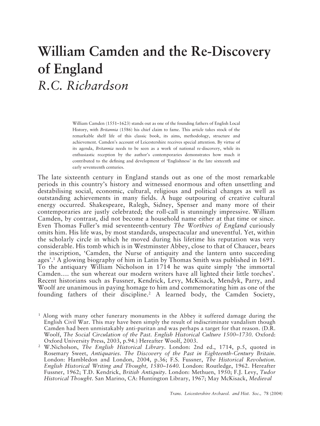 William Camden and the Re-Discovery of England R.C