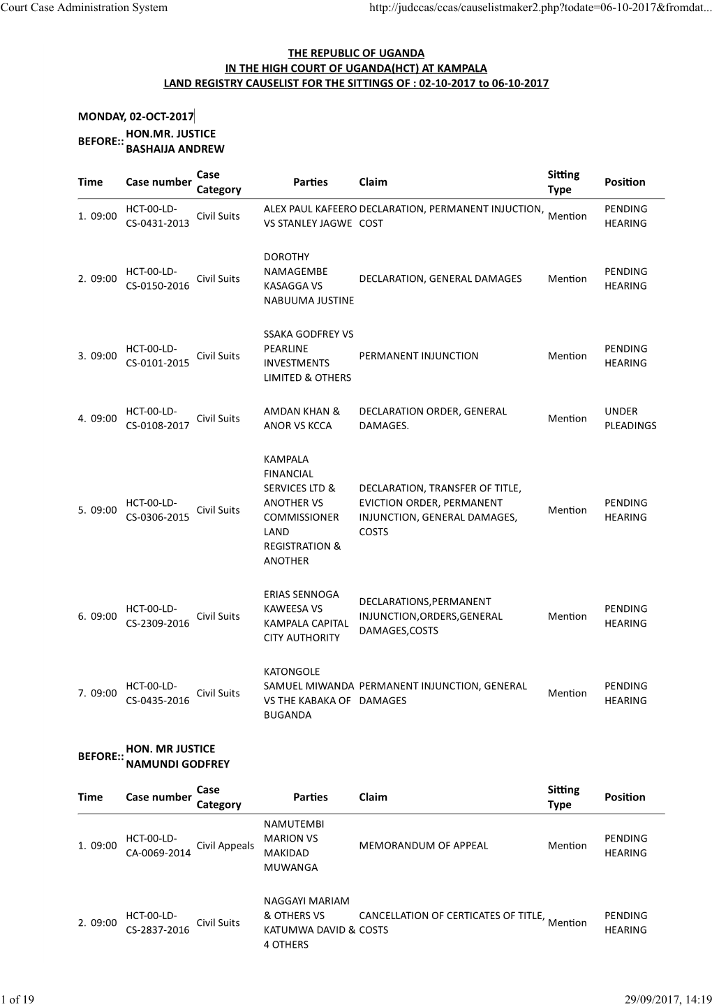 AT KAMPALA LAND REGISTRY CAUSELIST for the SITTINGS of : 02-10-2017 to 06-10-2017