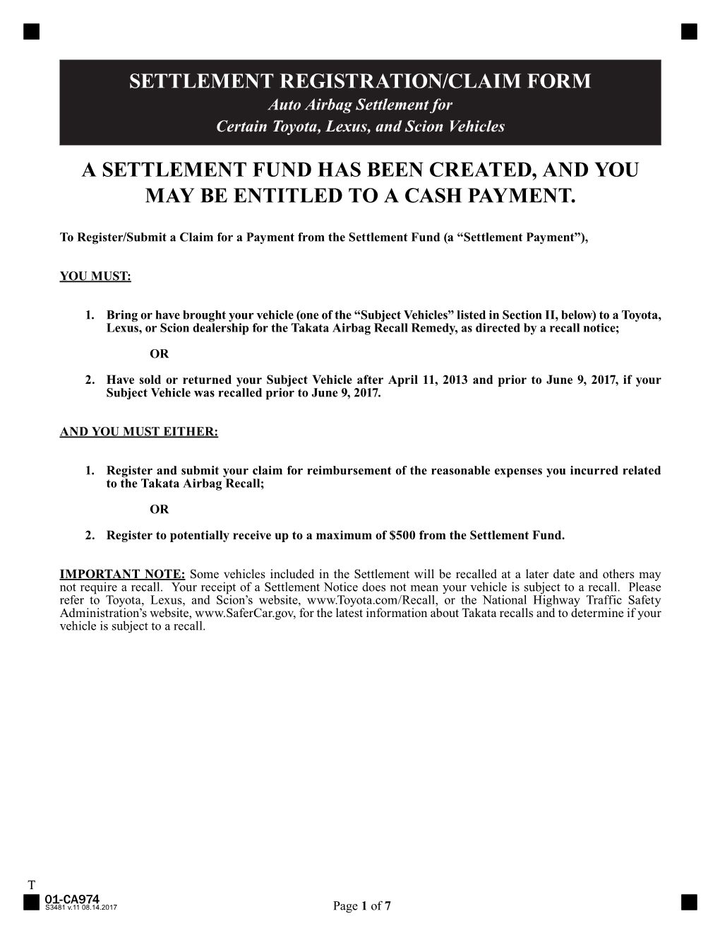 Toyota Settlement Registration/Claim Form