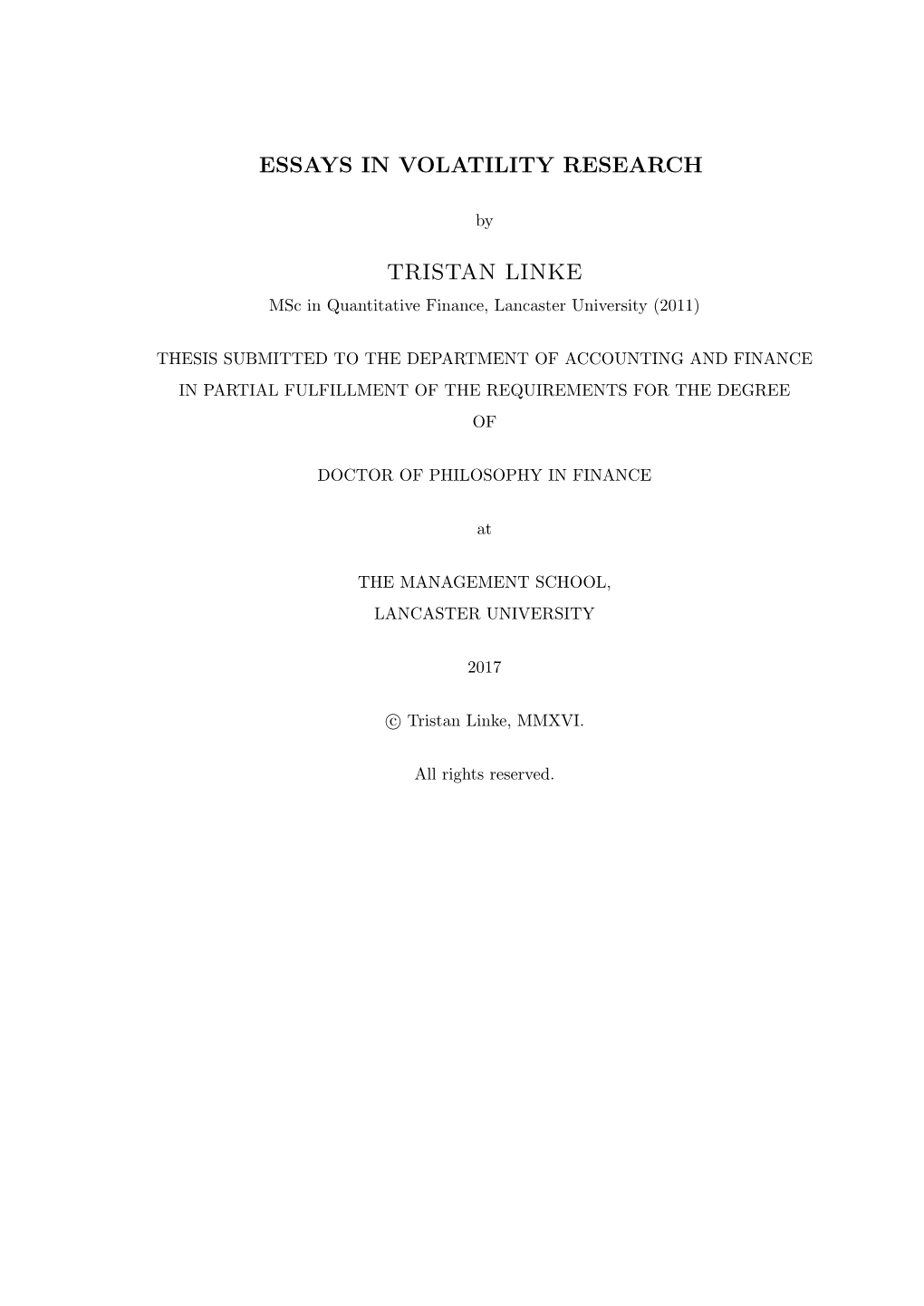 Essays in Volatility Research Tristan Linke