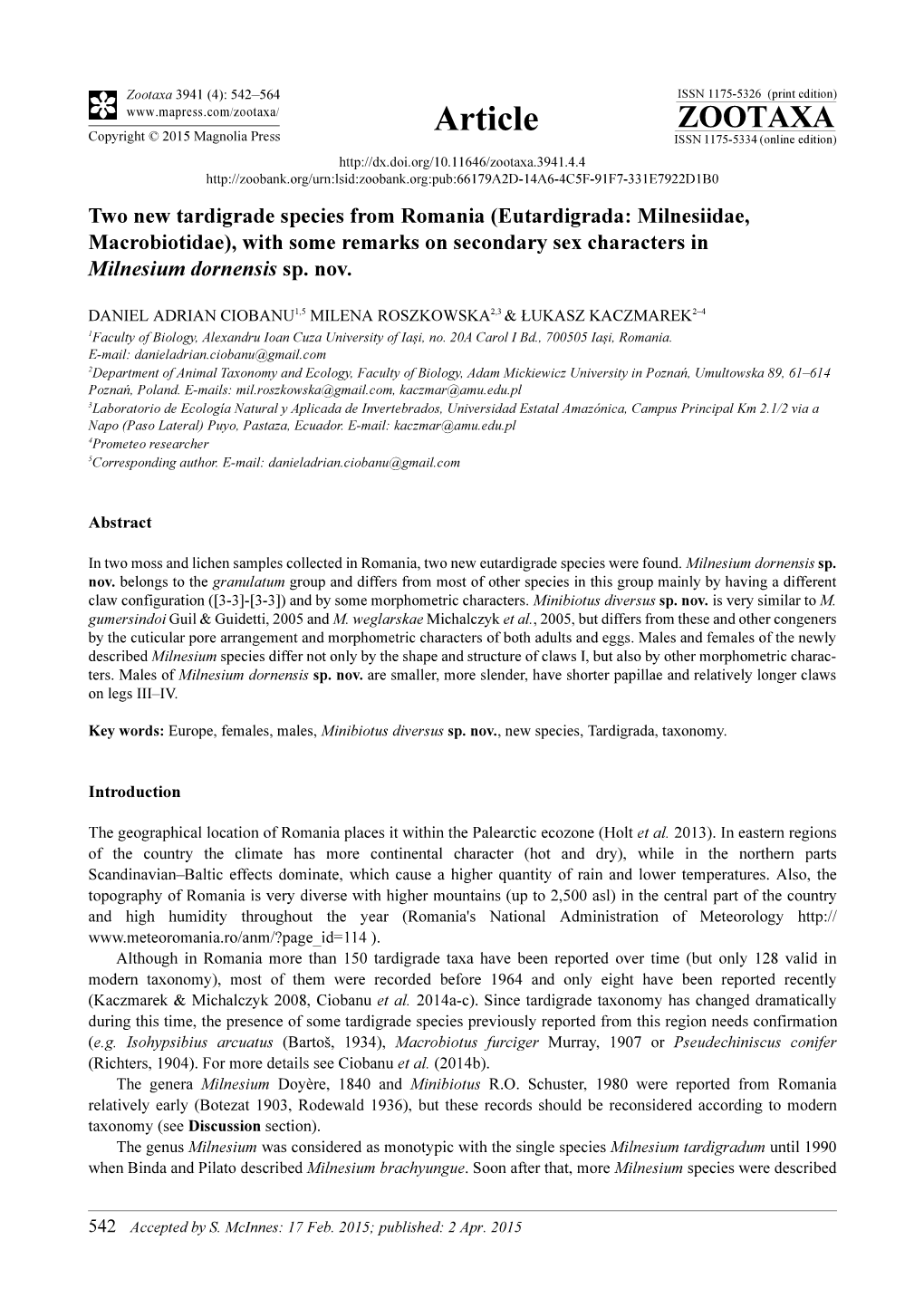 Eutardigrada: Milnesiidae, Macrobiotidae), with Some Remarks on Secondary Sex Characters in Milnesium Dornensis Sp